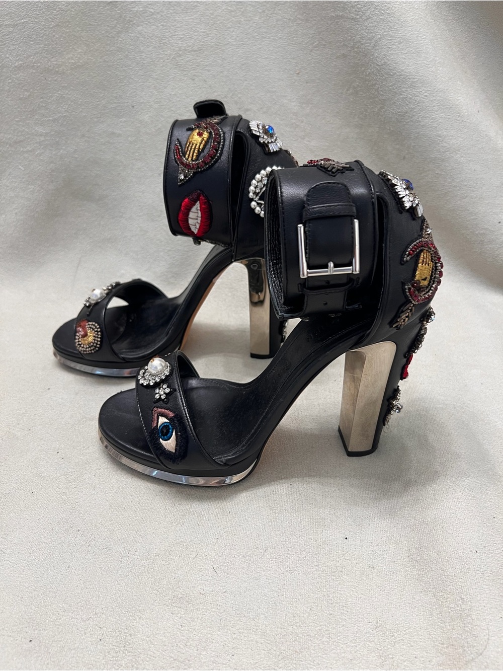 Alexander McQueen Leather Black Embellished Crystal & Embroidered Heel Sandals